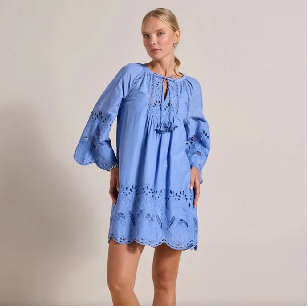 Scarlett Poppies Dress XS Blue Flamingo Oasis Embroidered Short Coverup NEW‎